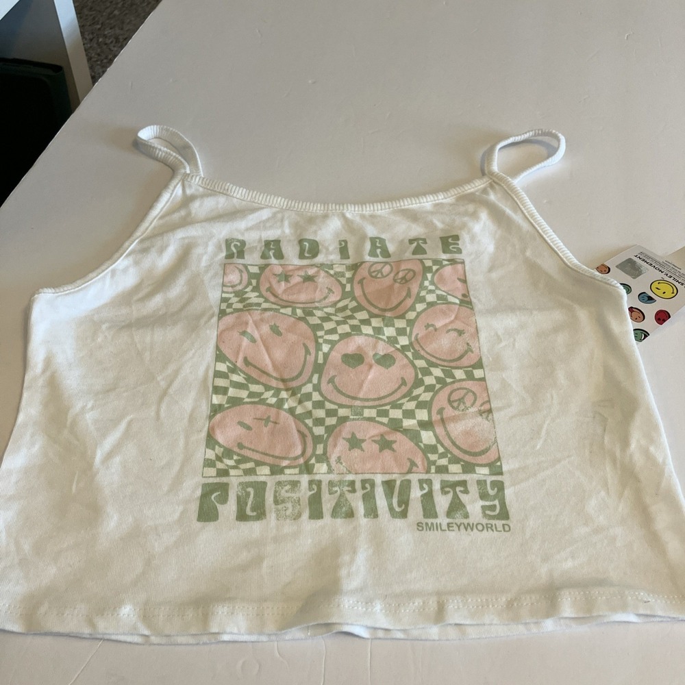 SmileyWorld Radiate Positivity Cropped Graphic Tank Top White Girls Small C616